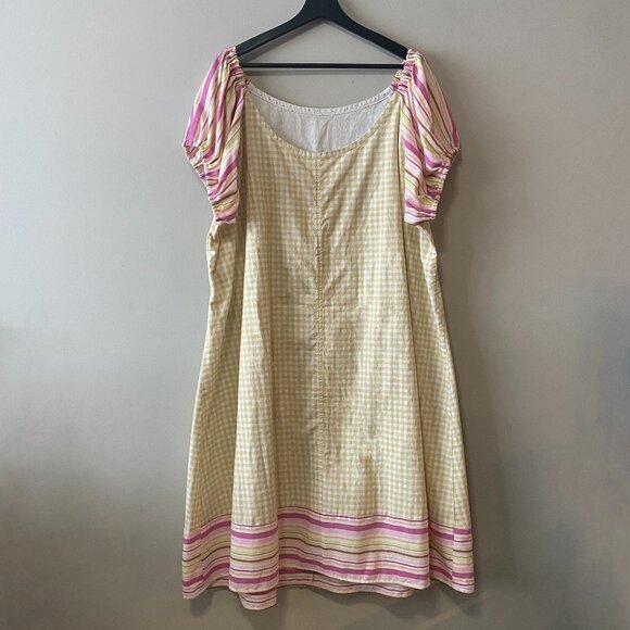 Handmade Plus Size Cotton Viscose Yellow White Gingham Pink Stripes Dress - Picture 2 of 12